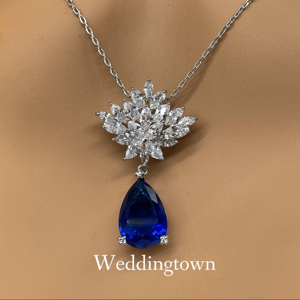 S925 Silver Luxury statement blue sapphire cz necklace drop - Picture 3 of 7